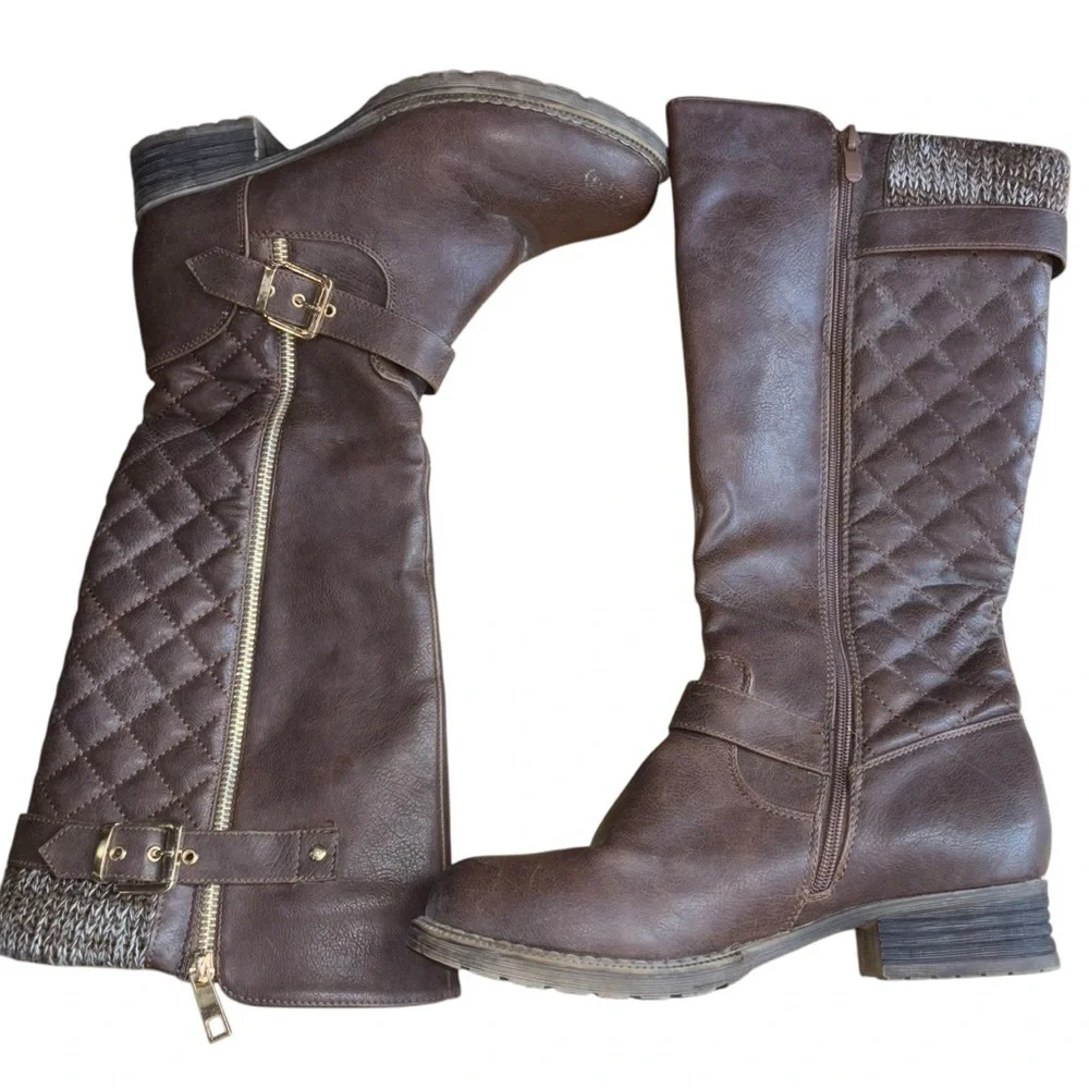 Knee High Brown Quilted Knit Riding Boots Women’s 7.5 Gold Buckle Zipper Accent - Picture 5 of 16